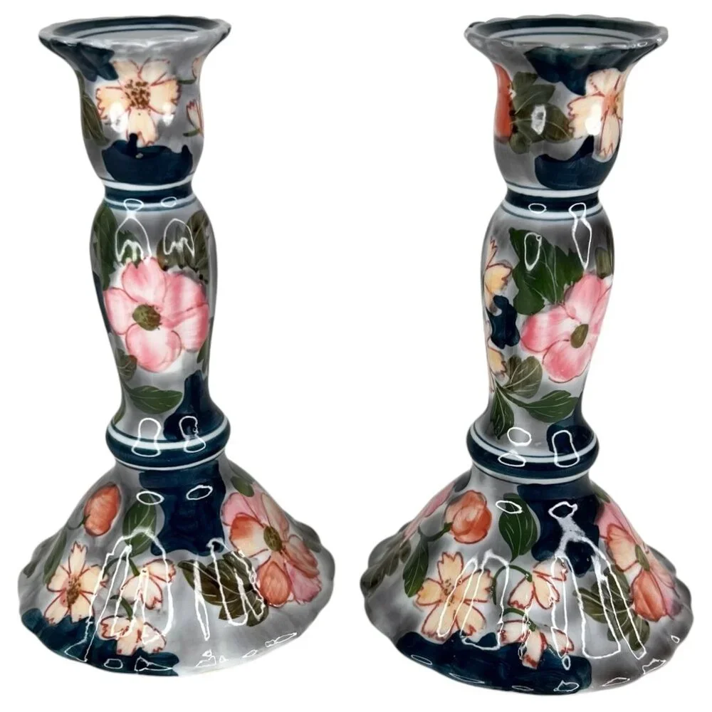 2 Andrea By Sadek‎ Blue Floral Ceramic Candlestick Holders Hand Painted Set Pair